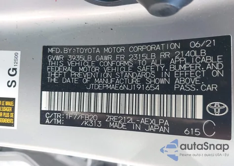 2022 Toyota Corolla Le из США, поврежденный, VIN JTDEPMAE6NJ191654